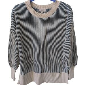 Loft Blue and Cream Stripped Knitted Ribbed 100% Cotton Sweater size M